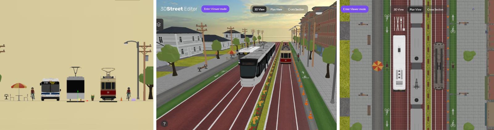 Screenshot of 3 different camera perspectives from 3DStreet Editor.