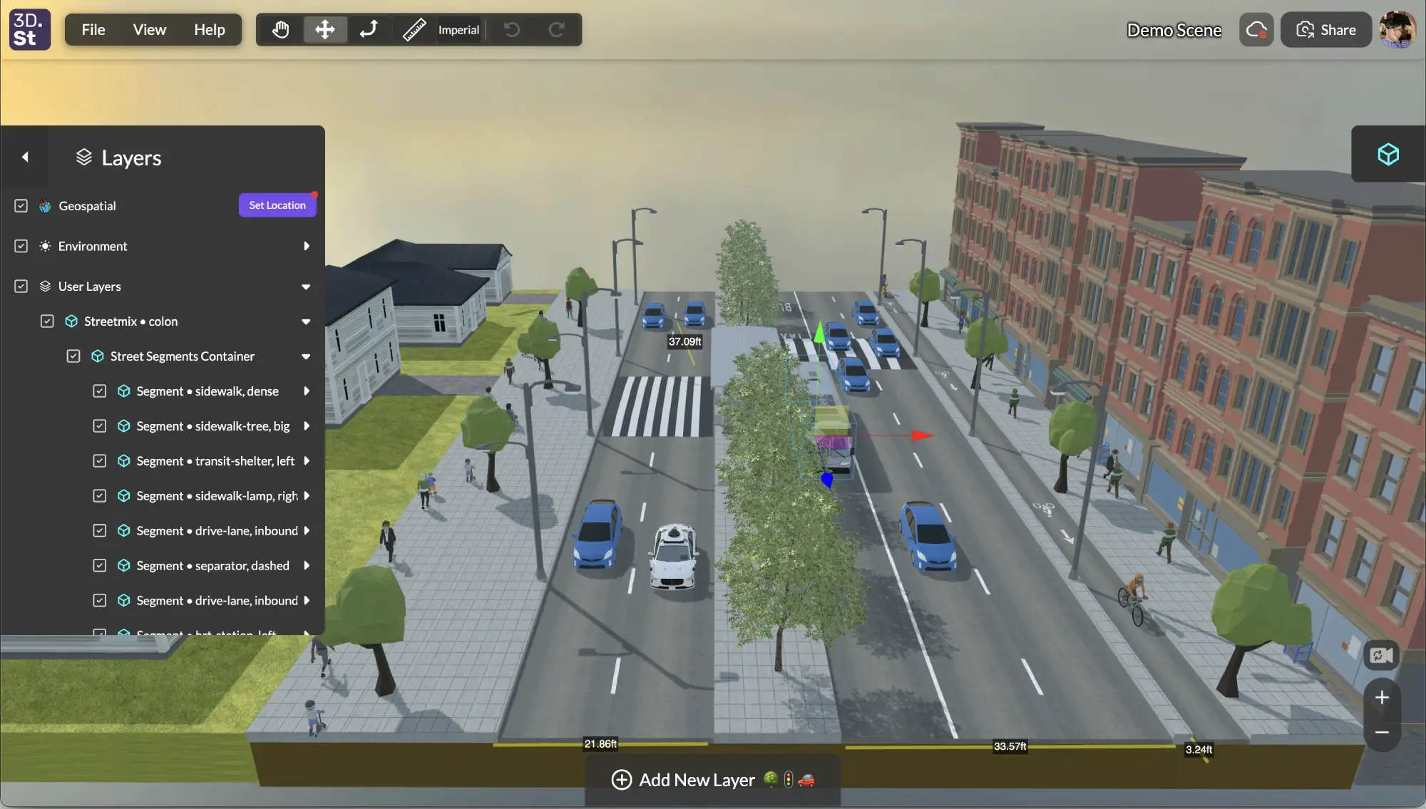 Screenshot of the 3DStreet Editor application with user interface elements for modifying a street scene.