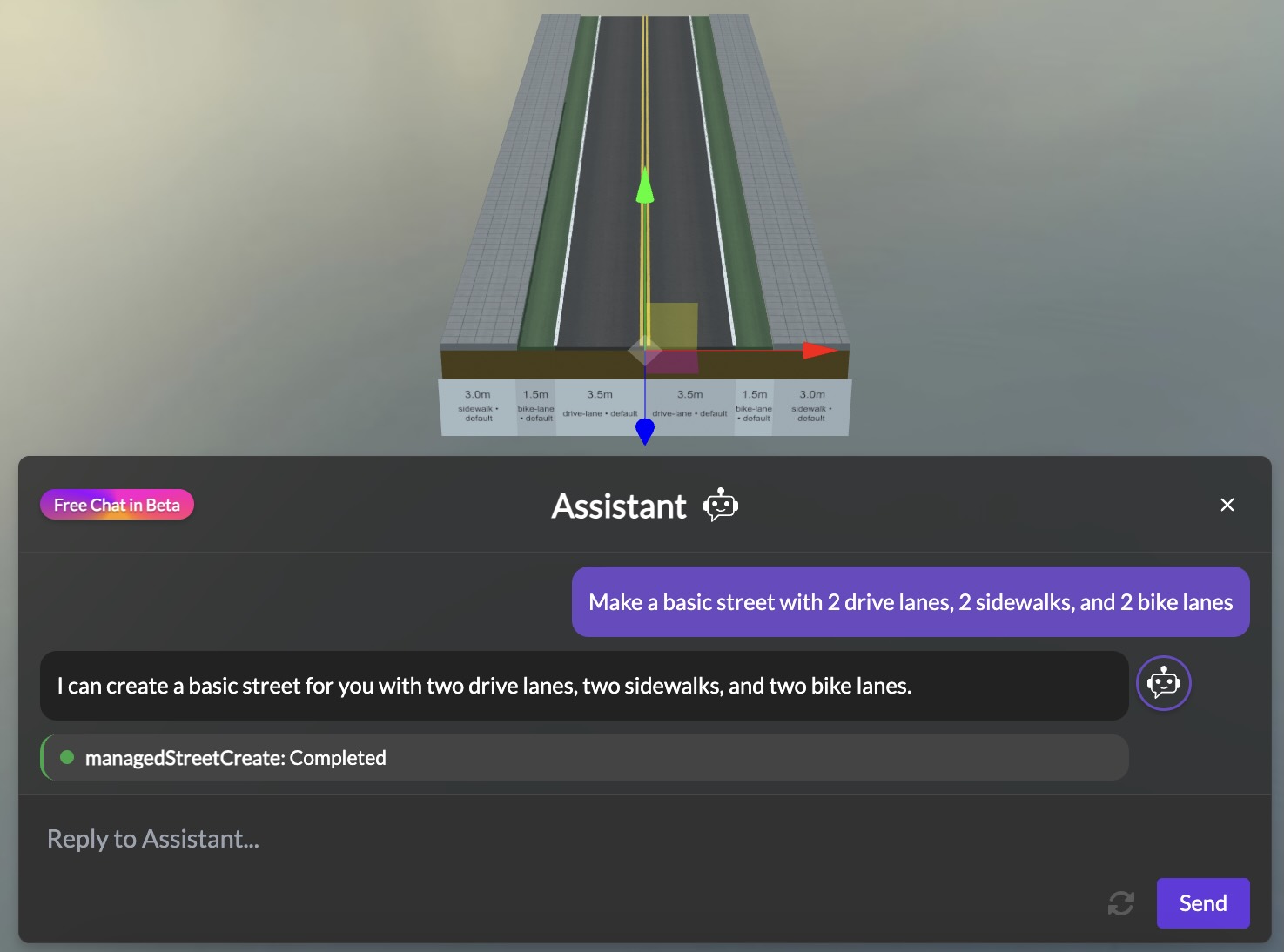 Screenshot showing the 3DStreet AI Assistant interface with an example conversation